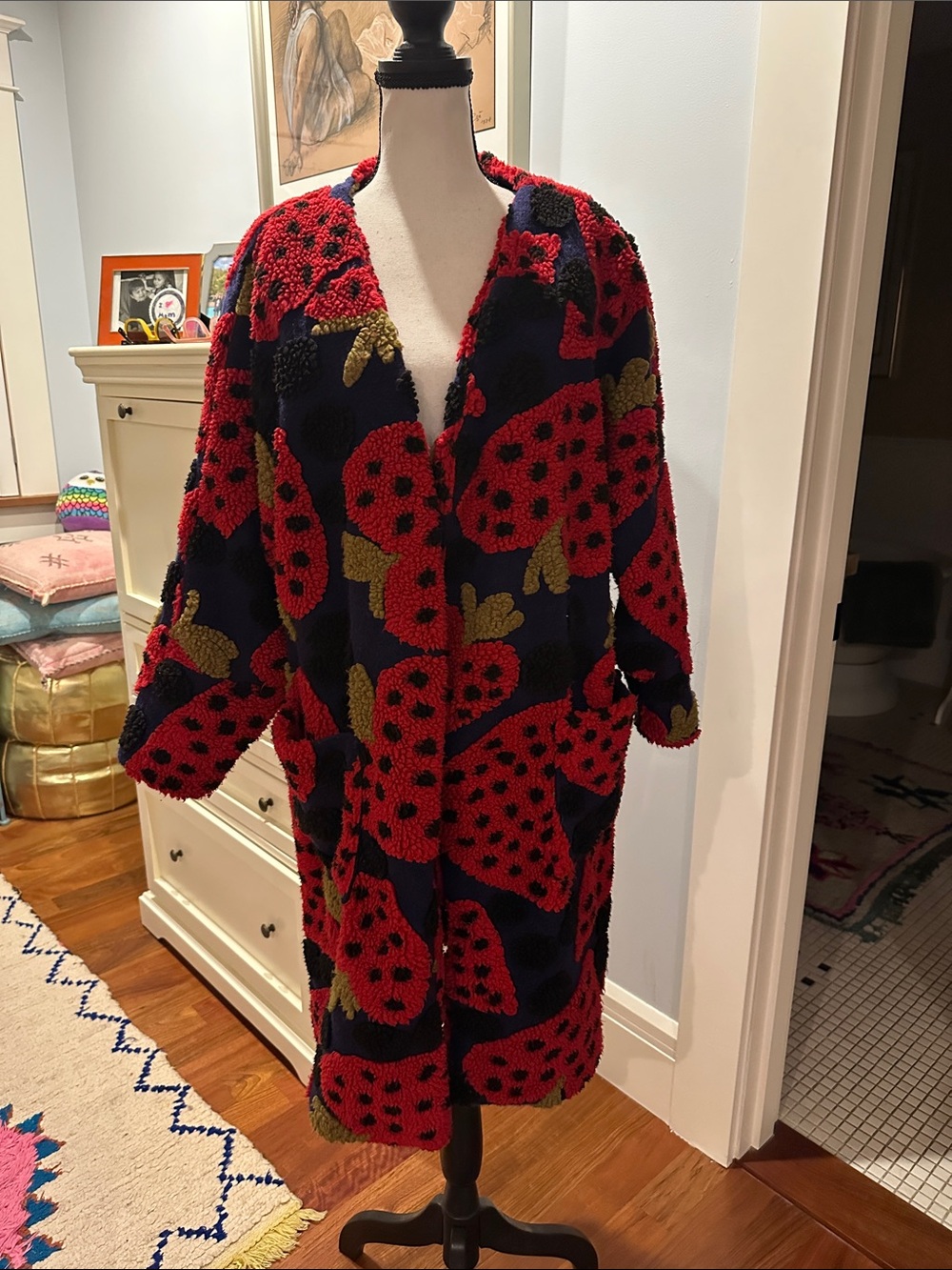 FARM Rio Navy, Red & Olive Strawberry Motif Teddy Coat